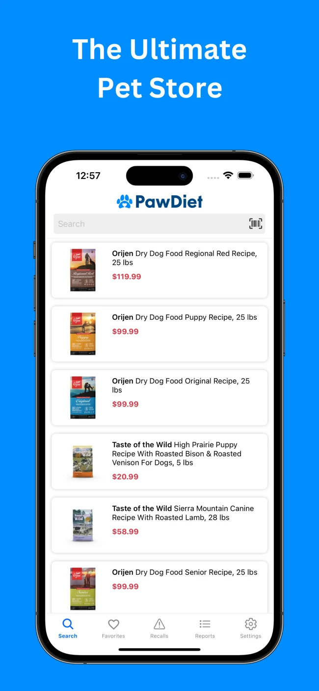 PawDiet app showing pet food search and prices